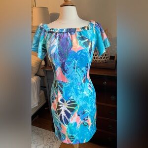 Tahari Arthur S Levine Flutter Sleeve Tropical Print Dress